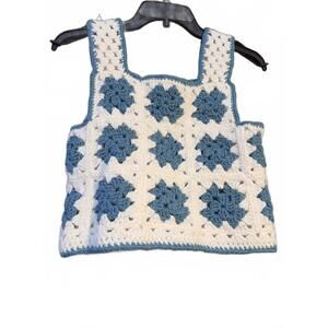 Handmade Grandma Core Cottage Crochet Blue and Cream Crop Top Tank Size S